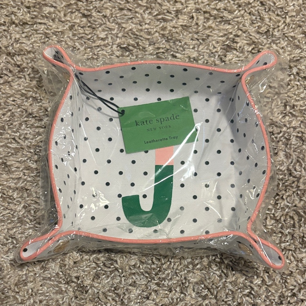 kate spade polka dot 'J' leatherette tray with coral trim